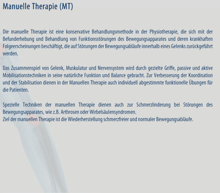 Inhalt Physiotherapie Manuelle Therapie MT Praxis Florian Geiger